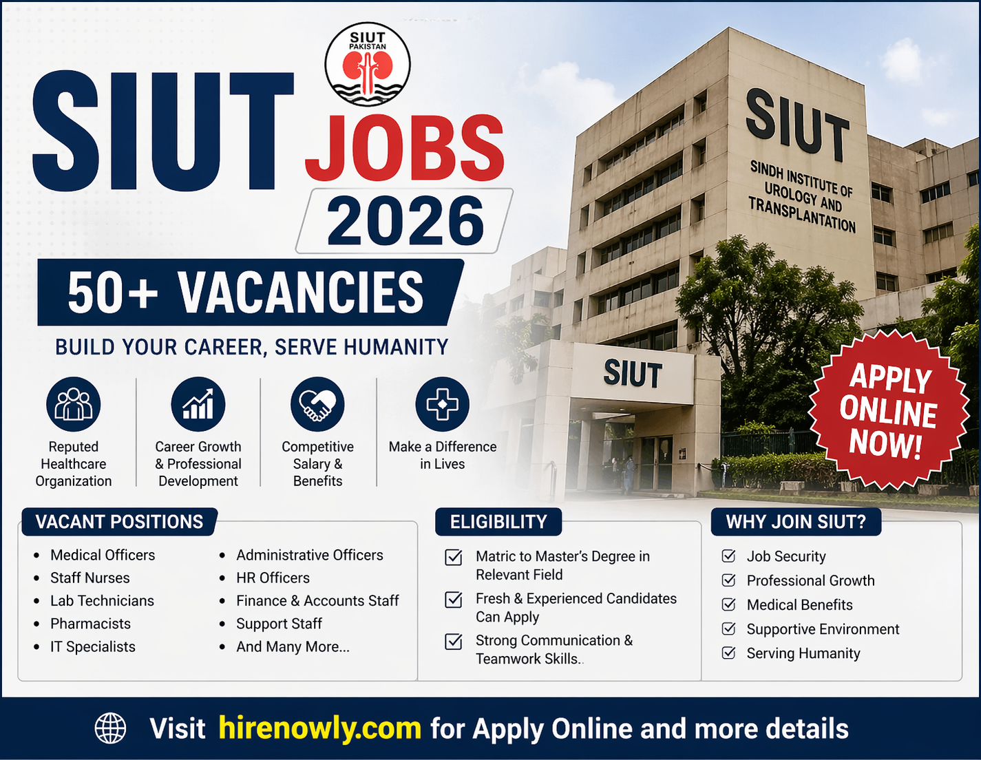 The Sindh Institute of Urology and Transplantation has announced SIUT Jobs 2026, offering 50+ vacancies for candidates across Pakistan. It’s a great opportunity to join a trusted healthcare organization and build a stable career. SIUT is known for providing free medical care, so working here means not just earning a living but also making a real difference in people’s lives.